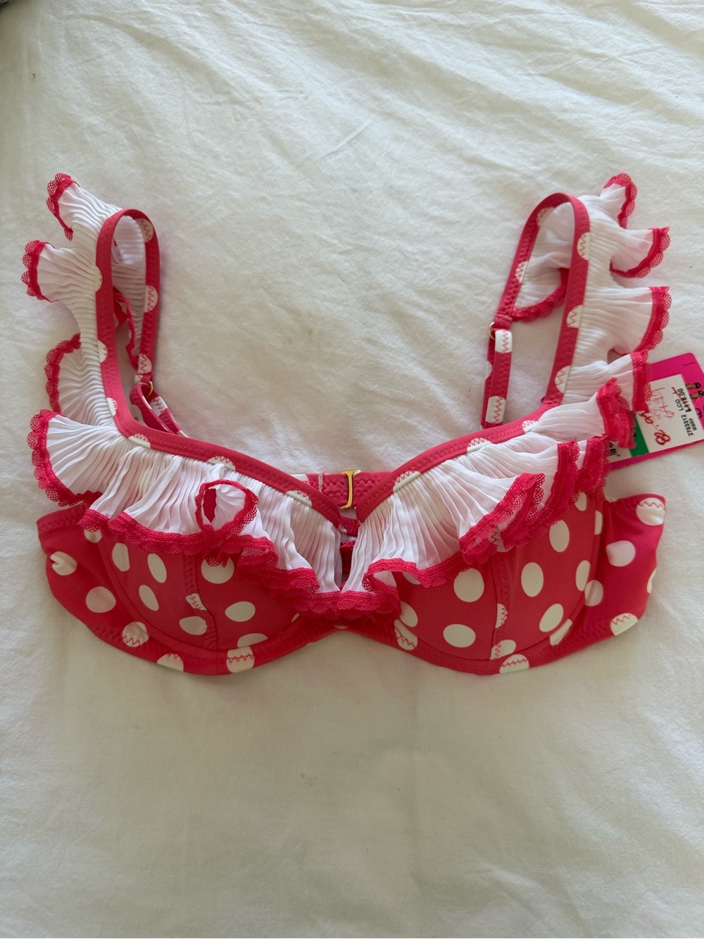 RARE 🦄 NWT Betsy Johnson coral Polka Dot Ruffle Underwire Bra Bikini Top size L